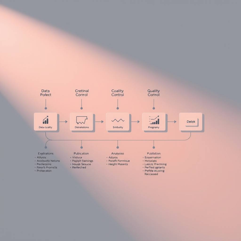 Workflow-Diagramm des Analyseprozesses mit verschiedenen Stufen: Datensammlung, Analyse, Qualitätsprüfung, Veröffentlichung, moderne Prozessvisualisierung