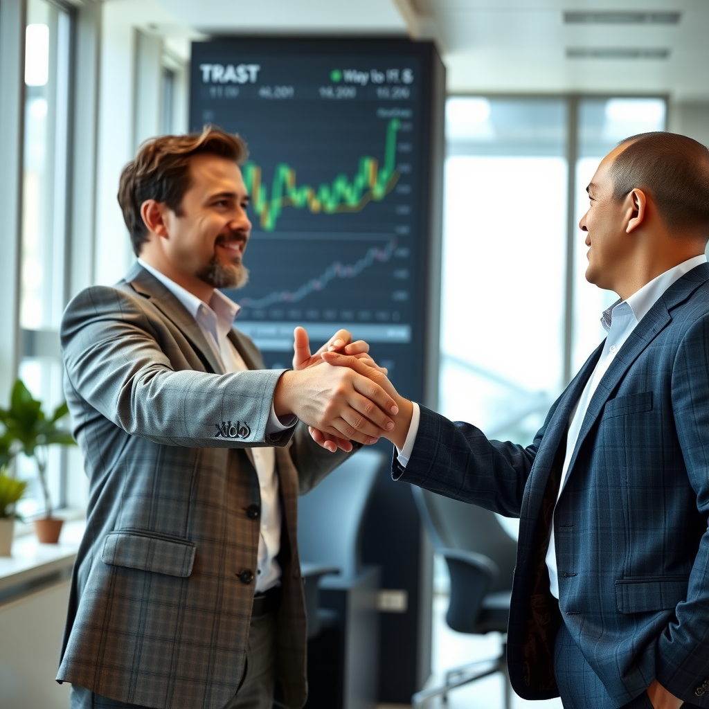 Symbolbild für Vertrauen: Handschlag zwischen Geschäftspartnern, im Hintergrund moderne Büroumgebung mit Finanzcharts, professionelle Atmosphäre