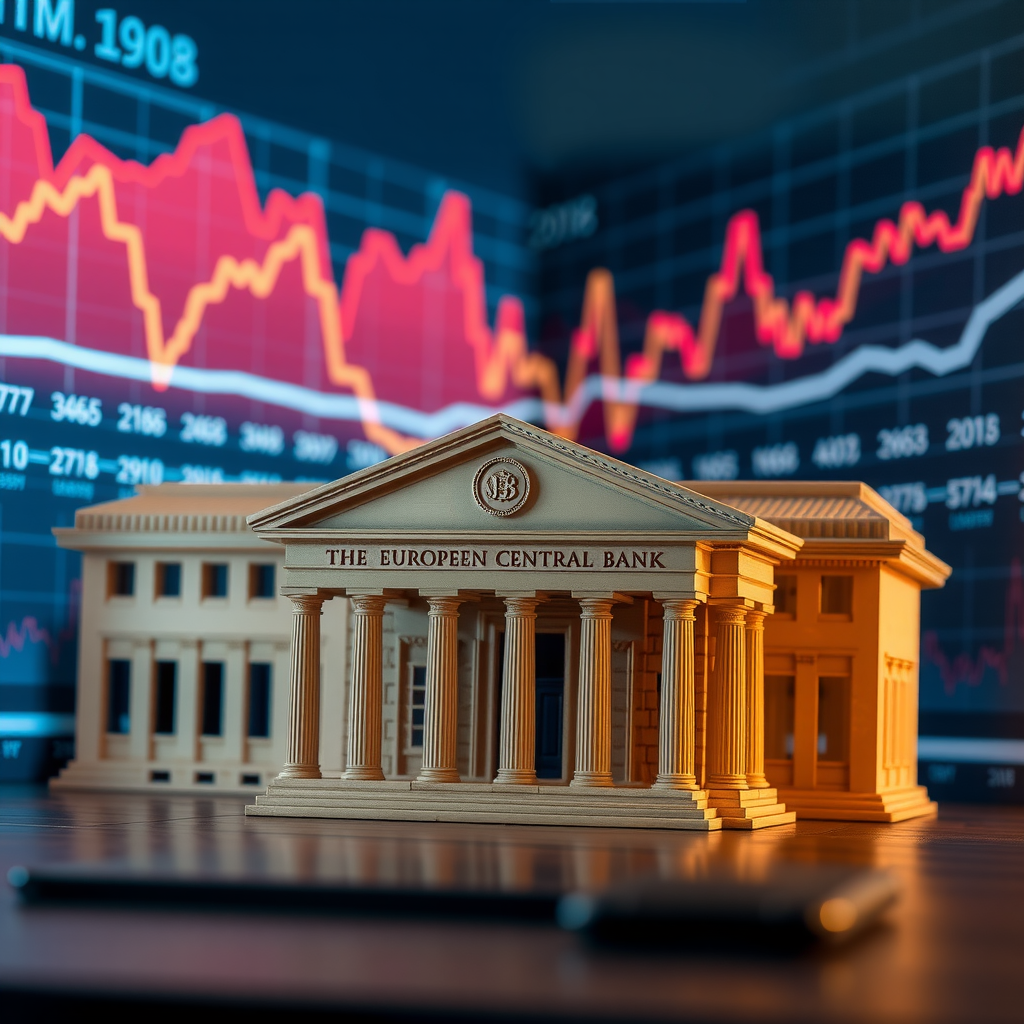 Detaillierte Darstellung der Europäischen Zentralbank Gebäude mit Grafiken zu Zinssätzen und geldpolitischen Instrumenten im Hintergrund