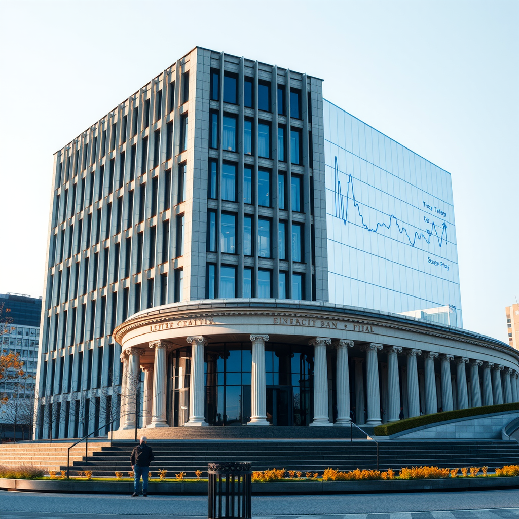 Detaillierte Darstellung der Europäischen Zentralbank Hauptgebäude mit Grafiken zu Zinssätzen und geldpolitischen Instrumenten, professionelle Finanzvisualisierung