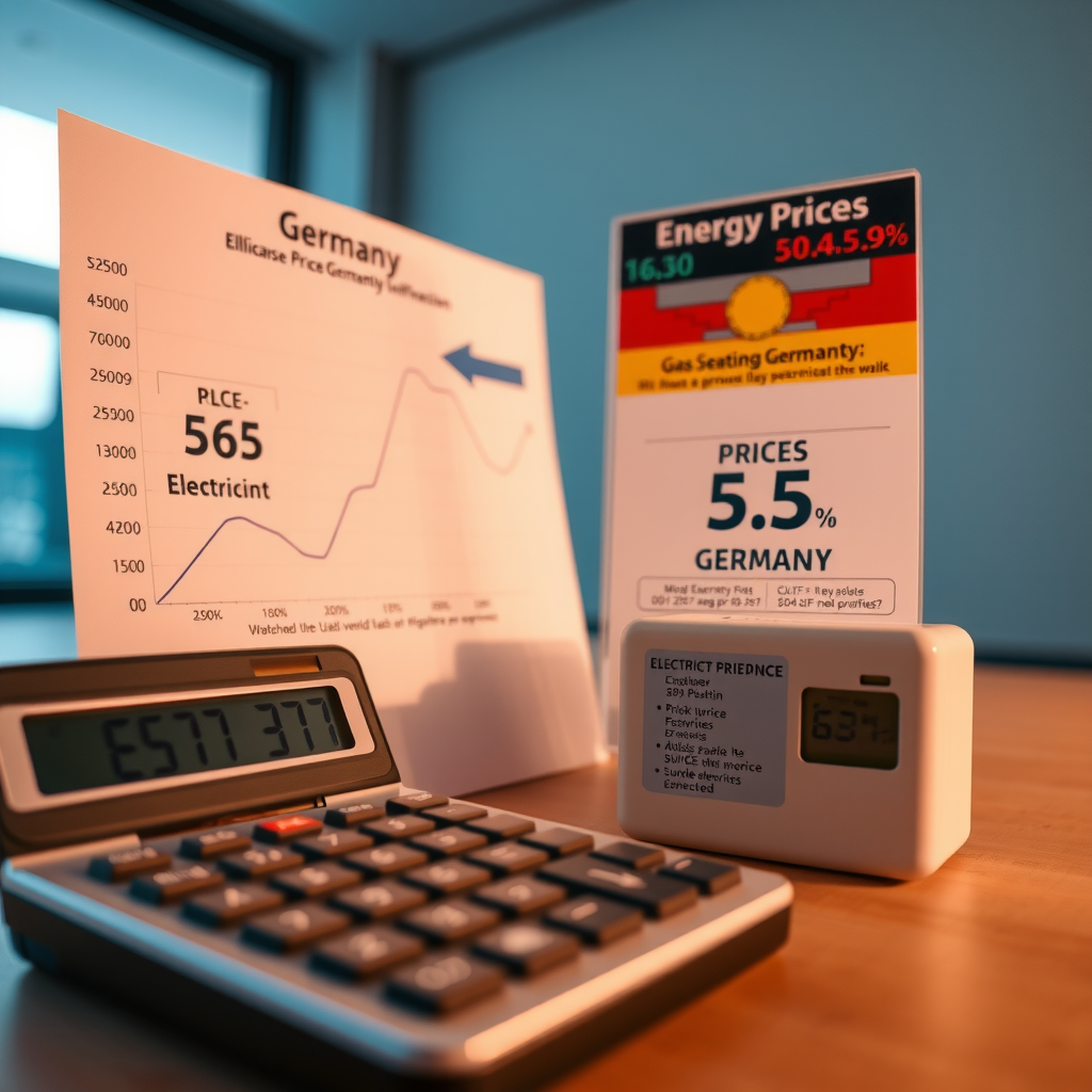 Moderne Darstellung von Energiepreisen mit Diagrammen und Grafiken, die Strom- und Gaspreise in Deutschland zeigen, mit Taschenrechner und Stromzähler im Vordergrund
