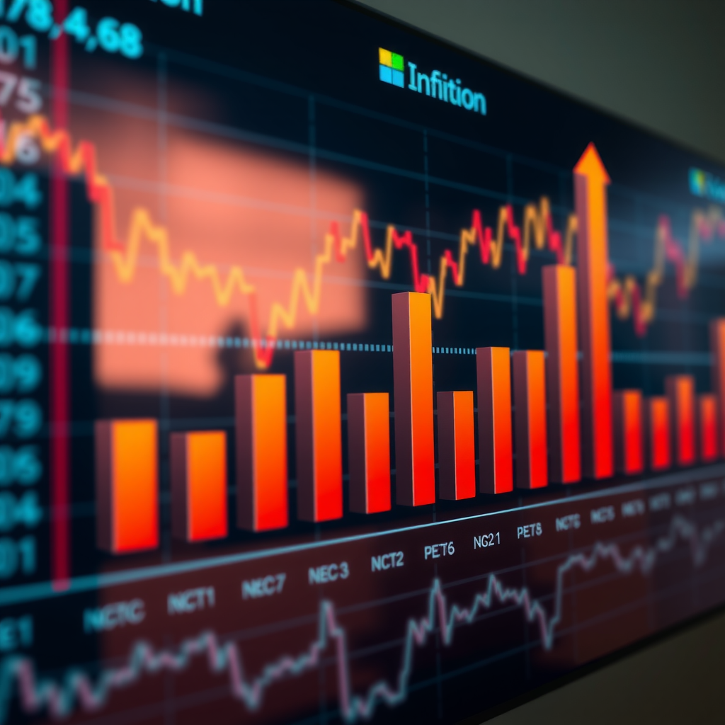 Detaillierte Grafik zeigt Inflationsentwicklung mit steigenden Balkendiagrammen, Trendlinien und wirtschaftlichen Indikatoren auf professionellem Dashboard-Hintergrund