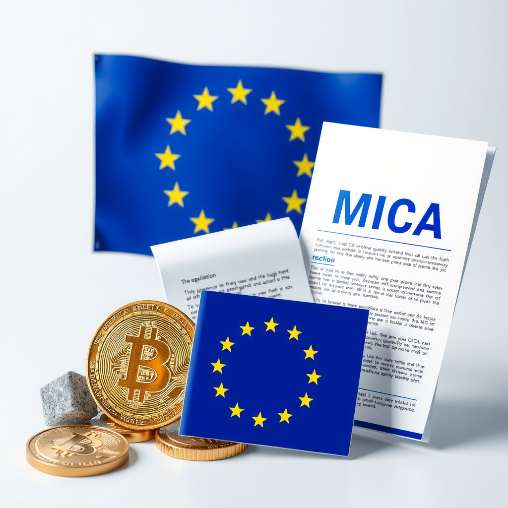 Moderne digitale Illustration mit Kryptowährungssymbolen, EU-Flagge und Regulierungsdokumenten, die die neue MiCA-Gesetzgebung symbolisieren