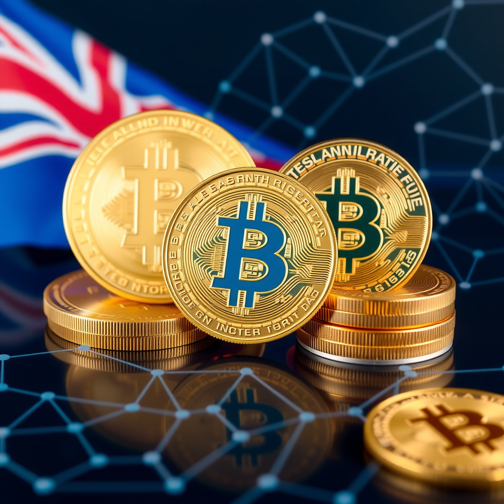 Moderne digitale Darstellung von Kryptowährungen mit EU-Flagge und Regulierungssymbolen, Blockchain-Netzwerk im Hintergrund, professionelle Finanzgrafik