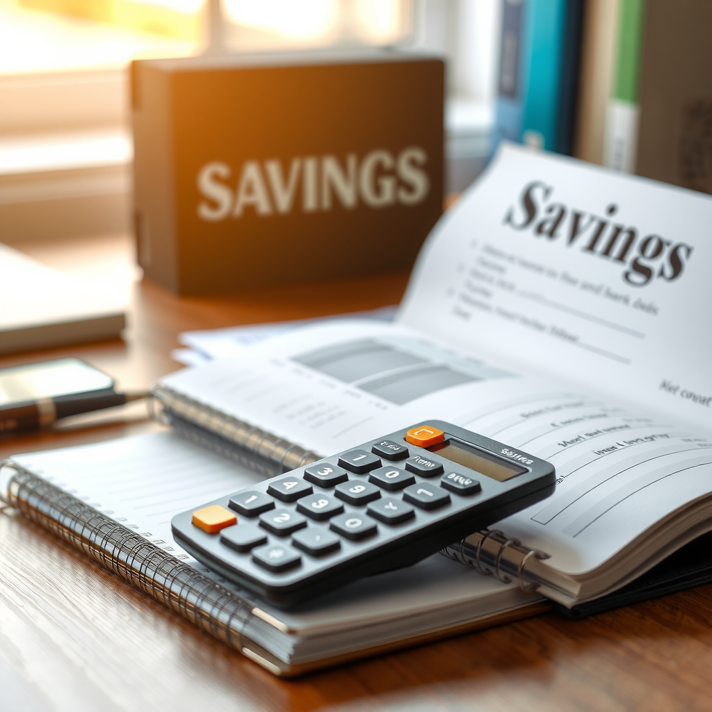 Nahaufnahme eines Sparbuchs und Taschenrechners auf einem aufgeräumten Schreibtisch, symbolisiert Finanzplanung und Zinsberechnung, warmes natürliches Licht