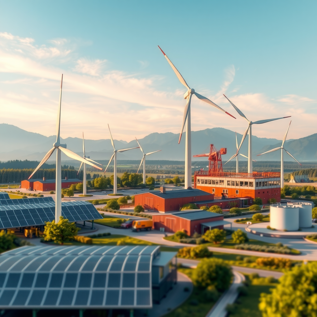 Visualisierung von Umweltschutzmaßnahmen in der Industrie: Windkraftanlagen, Solarenergie, grüne Produktionsanlagen und CO2-Reduktionsgrafiken