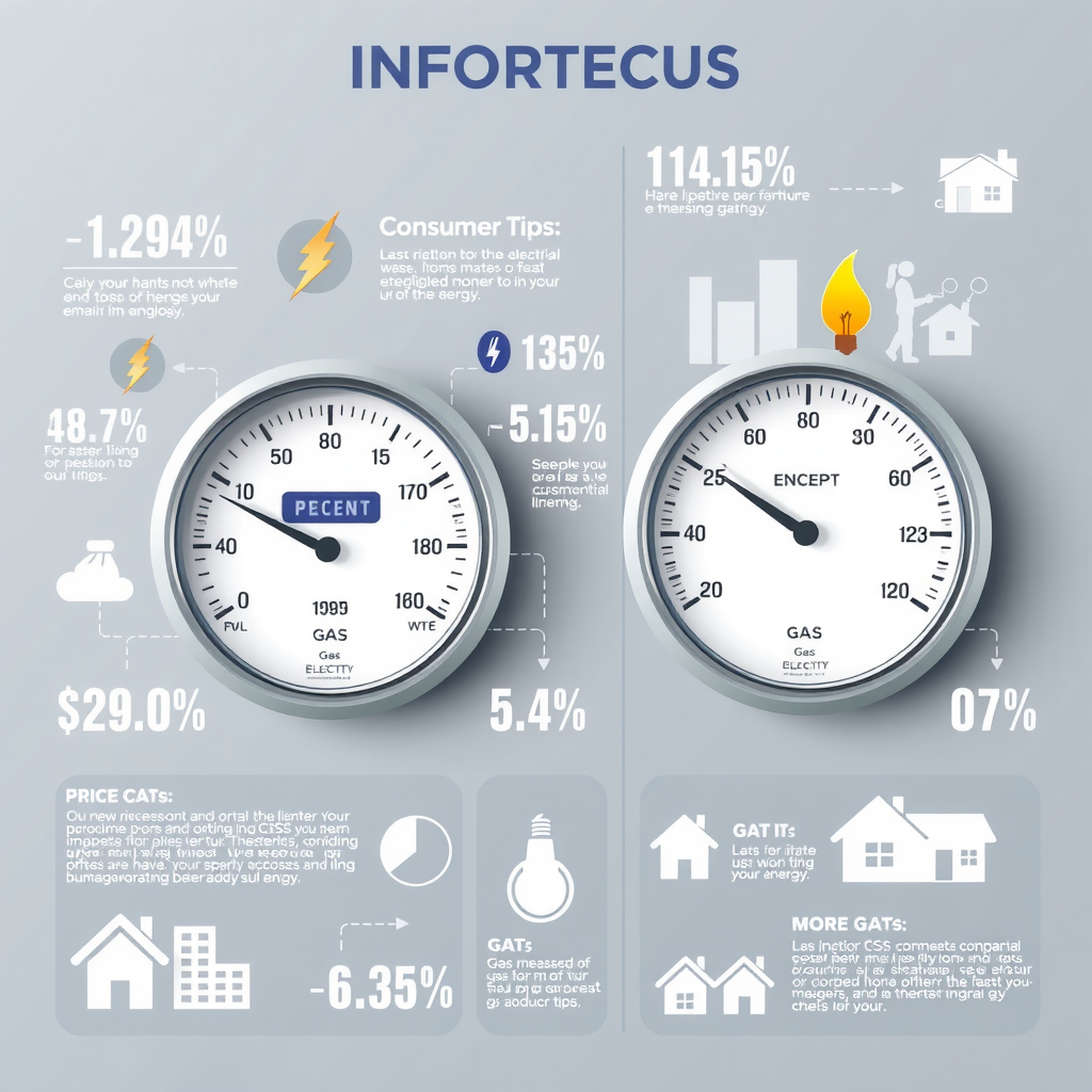 Infografik mit Strom- und Gaszählern, Preisdiagrammen und Haushaltssymbolen, die Energiekosten und Verbrauchertipps darstellen