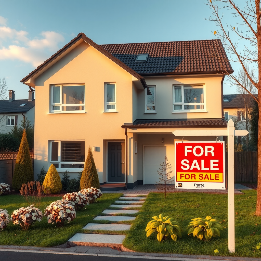 Modernes Einfamilienhaus mit gepflegtem Vorgarten und Verkaufsschild, symbolisiert den deutschen Immobilienmarkt, Herbststimmung, realistische Architektur