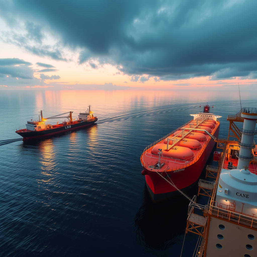 Modernes LNG-Terminal an der deutschen Nordseeküste mit Tankschiffen und Infrastruktur, symbolisiert die diversifizierte Energieversorgung und Versorgungssicherheit Deutschlands