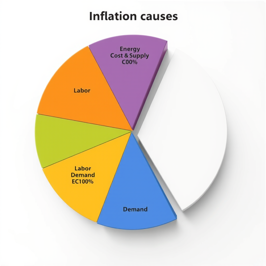 Kreisdiagramm zeigt prozentuale Verteilung der Inflationsursachen: Energiekosten, Lieferketten, Lohnkosten, Nachfrage, mit detaillierten Beschriftungen und Legende