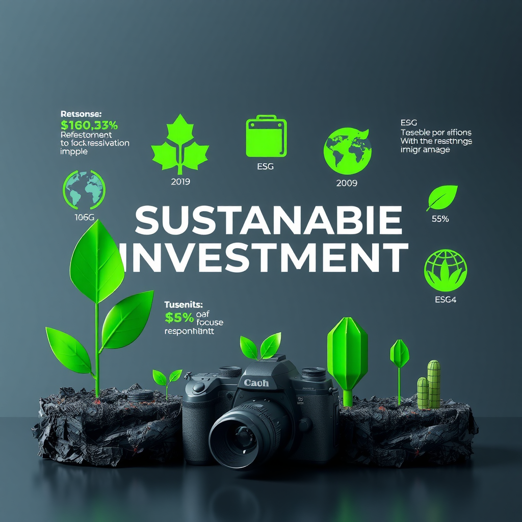 Moderne Darstellung von nachhaltigen Investitionen mit grünen Symbolen, Umwelt- und Sozialverantwortung, ESG-Kriterien Visualisierung, professionelle Finanzgrafik