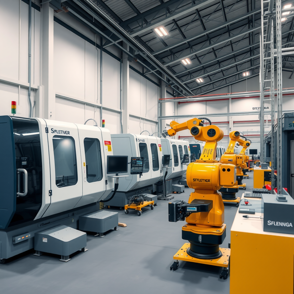 Moderne Produktionshalle eines mittelständischen Unternehmens mit CNC-Maschinen und Robotern, deutsche Industriequalität, professionelle Beleuchtung