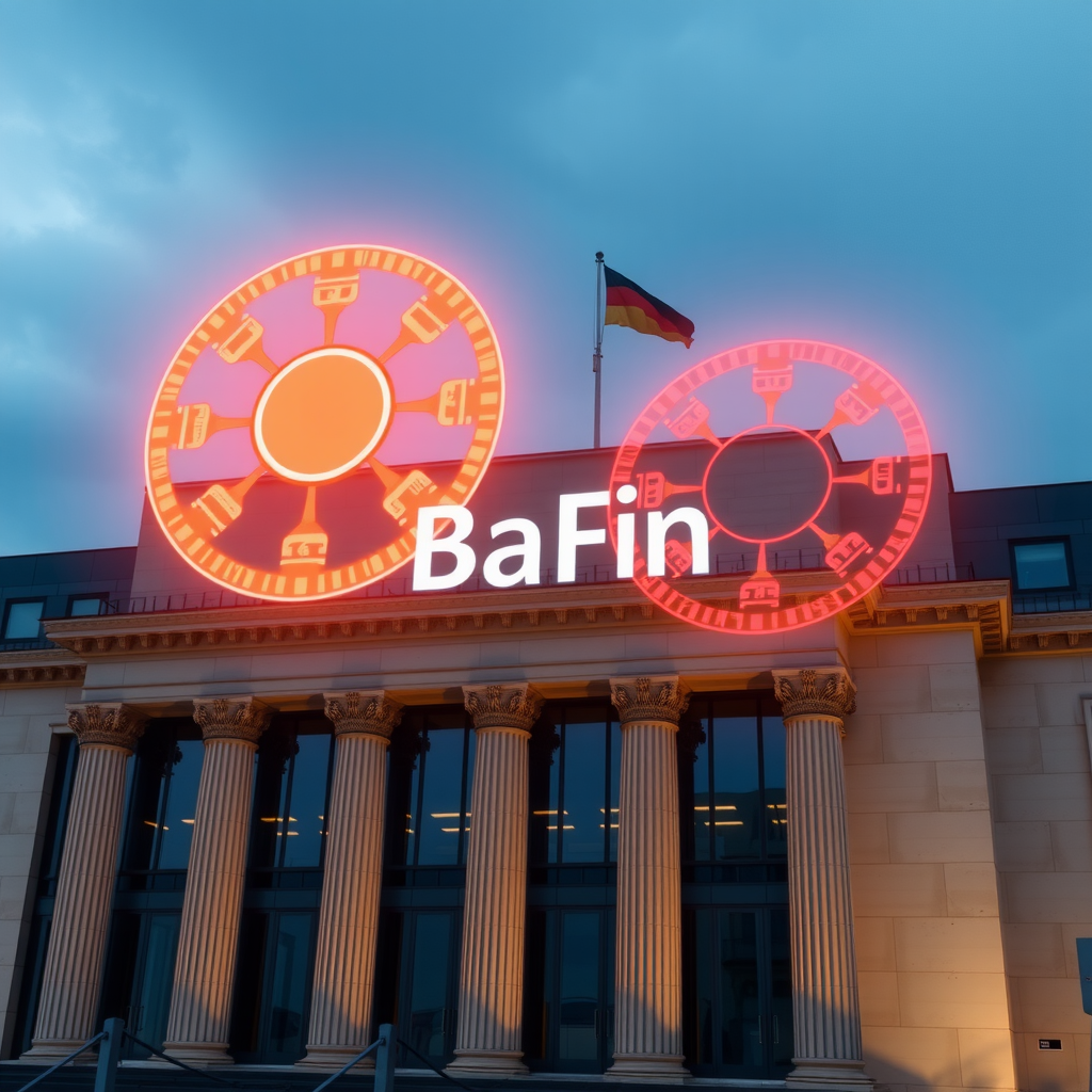 BaFin-Gebäude mit digitalen Regulierungssymbolen, das die Rolle der deutschen Finanzaufsicht bei der MiCA-Umsetzung zeigt